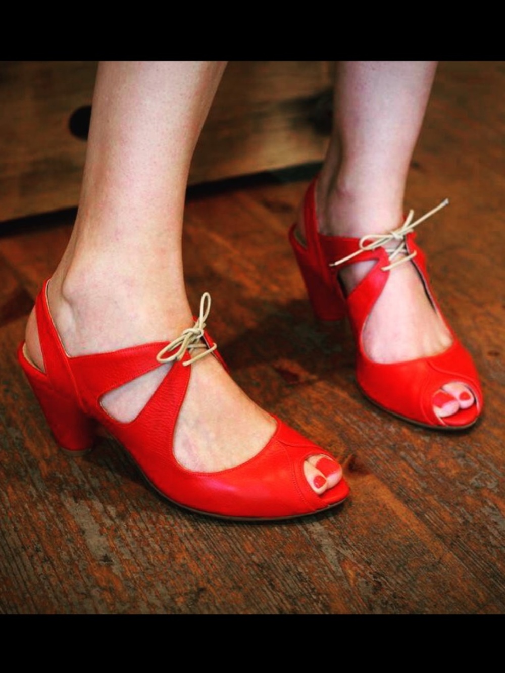 red peep toe leather heels